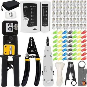 LEATBUY Network Crimp Tool Kit for RJ45/RJ11/RJ12/CAT5/CAT6/Cat5e/8P, Professional Crimper Connector Stripper Cutter, Computer Maintenance Lan Cable Pliers Tester Repair Set (Black) LEATBUY Network Crimp Tool Kit for RJ45/RJ11/RJ12/CAT5/CAT6/Cat5e/8P, Professional Crimper Connector Stripper Cutter, Computer Maintenance Lan Cable Pliers Tester Repair Set (Black)