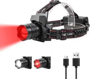 Rechargeable Red Headlamp, Super Bright Headlight with Red/White Light, 4 Modes & Independent Switch, Waterproof Red Coyote Light for Camping, Hunting, Astronomy, Night Observation Rechargeable Red Headlamp, Super Bright Headlight with Red/White Light, 4 Modes & Independent Switch, Waterproof Red Coyote Light for Camping, Hunting, Astronomy, Night Observation