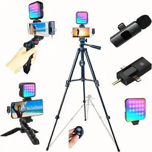for iPhone Vlogging Kit, Vlogging Kit for Andriod Phone with Two Tripods RGB Light Lavalier Microphone Remote for YouTube Tiktok Content Creator for iPhone Vlogging Kit, Vlogging Kit for Andriod Phone with Two Tripods RGB Light Lavalier Microphone Remote for YouTube Tiktok Content Creator