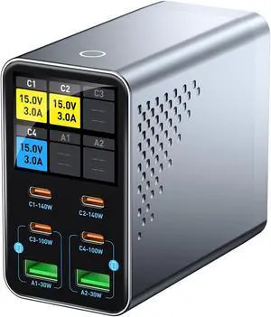 140W 6-Port GaN USB C Charging Station with LCD Smart Display, Desktop Fast Charger for Multiple Devices, Compatible with MacBook, iPhone, iPad, Galaxy, Home Office,Gaming Accessories 140W 6-Port GaN USB C Charging Station with LCD Smart Display, Desktop Fast Charger for Multiple Devices, Compatible with MacBook, iPhone, iPad, Galaxy, Home Office,Gaming Accessories