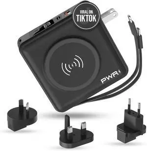 PWR Travel PRO 5-in-1 Power Bank 10,000mAh with Built-in Cables 20W USB-C + 15W Wireless Charging Compact Portable Charger for iPhone & Android- Black PWR Travel PRO 5-in-1 Power Bank 10,000mAh with Built-in Cables 20W USB-C + 15W Wireless Charging Compact Portable Charger for iPhone & Android- Black