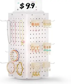 360° Rotating Pegboard Display Stand with Signage, 4-Sided Spinning Peg Board Stand with 24 Hooks for Jewelry, Earring & Keychain Holder Displays for Craft Shows & Vendor Events (White) 360° Rotating Pegboard Display Stand with Signage, 4-Sided Spinning Peg Board Stand with 24 Hooks for Jewelry, Earring & Keychain Holder Displays for Craft Shows & Vendor Events (White)