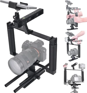 Universal Aluminum Alloy DSLR/Mirrorless Camera Stabilizer Extension Cage Mount for Mic, Monitor & Light Movie Making Rig for YouTube/TikTok Vlogging with Phone Holder for Canon Universal Aluminum Alloy DSLR/Mirrorless Camera Stabilizer Extension Cage Mount for Mic, Monitor & Light Movie Making Rig for YouTube/TikTok Vlogging with Phone Holder for Canon