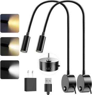 Wall-Mounted LED Reading Light with 15" Flexible Gooseneck Dimmable, 3 Color Temperatures, USB Charging Port & Touch Control, Plug-In Headboard Night Light (2-Pack) Wall-Mounted LED Reading Light with 15" Flexible Gooseneck Dimmable, 3 Color Temperatures, USB Charging Port & Touch Control, Plug-In Headboard Night Light (2-Pack)
