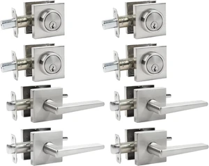 Exterior Door Knob & Deadbolt Lock Set with Square Deadbolt Heavy-Duty Single-Cylinder Entry Door Lever (Satin Nickel, 4 Pack) Exterior Door Knob & Deadbolt Lock Set with Square Deadbolt Heavy-Duty Single-Cylinder Entry Door Lever (Satin Nickel, 4 Pack)