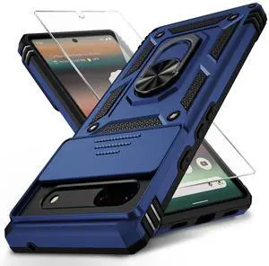 SOEWIOU Google Pixel 7 Case with Camera Lens Cover, HD Screen Protector, 10 FT Military Grade Drop Protection, Magnetic Ring Holder Kickstand Protective Phone Case for Google Pixel 7, Navy Blue