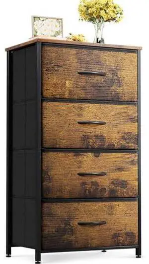 ODK Dresser for Bedroom with 4 Storage Drawers, Small Dresser Chest of Fabric Drawers with Sturdy Steel Frame, Wood Top, Vintage ODK Dresser for Bedroom with 4 Storage Drawers, Small Dresser Chest of Fabric Drawers with Sturdy Steel Frame, Wood Top, Vintage