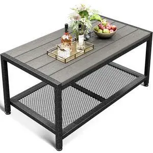ODK Outdoor Coffee Table with Double-Layer Storage, Rectangle Weather-Resistant Patio Coffee Table for Garden, Balcony, Hot Tub, Poolside, Heavy-Duty Metal Frame, Grey ODK Outdoor Coffee Table with Double-Layer Storage, Rectangle Weather-Resistant Patio Coffee Table for Garden, Balcony, Hot Tub, Poolside, Heavy-Duty Metal Frame, Grey