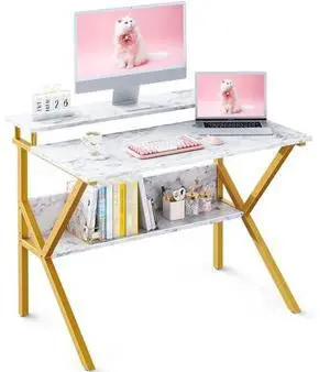 ODK Small Desk, 27.5 Inch Computer Desk for Small Spaces, Study Desk with Storage & Monitor Stand, White Marble + Gold Leg ODK Small Desk, 27.5 Inch Computer Desk for Small Spaces, Study Desk with Storage & Monitor Stand, White Marble + Gold Leg