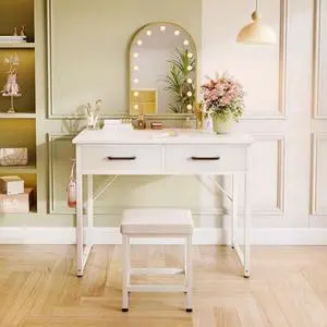AODK Small Vanity Desk No Mirror, 32 Inch Makeup Desk with Stool, Vanity Table with 2 Fabric Drawers & Steel Hook, Makeup Table for Girls Bedroom, White AODK Small Vanity Desk No Mirror, 32 Inch Makeup Desk with Stool, Vanity Table with 2 Fabric Drawers & Steel Hook, Makeup Table for Girls Bedroom, White