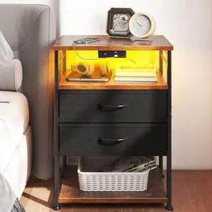 AODK Night Stand with Charging Station and LED Lights, 27.6 Inch Bed Side Table with 2 Drawers and Open Shelf, Bedside Table for Bedroom, Living Room, Vintage & Black AODK Night Stand with Charging Station and LED Lights, 27.6 Inch Bed Side Table with 2 Drawers and Open Shelf, Bedside Table for Bedroom, Living Room, Vintage & Black