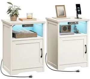 AODK Farmhouse Nightstand Set of 2, Side Table with Charging Station & LED Lights, End Tables with Storage and Open Shelf, Rustic Beside Tables for Bedroom, Rustic White AODK Farmhouse Nightstand Set of 2, Side Table with Charging Station & LED Lights, End Tables with Storage and Open Shelf, Rustic Beside Tables for Bedroom, Rustic White