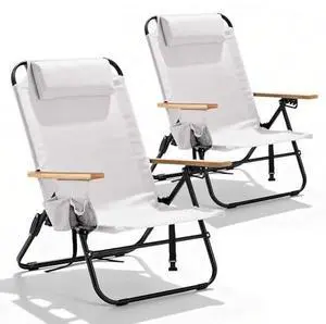 2 Pack Premium 5-Position Reclining Camping Chair - Portable Folding Lightweight Outdoor Chair with Wooden Armrests, Headrest & Pockets, 350lbs Heavy Duty for Beach, Patio, Cream White 2 Pack Premium 5-Position Reclining Camping Chair - Portable Folding Lightweight Outdoor Chair with Wooden Armrests, Headrest & Pockets, 350lbs Heavy Duty for Beach, Patio, Cream White