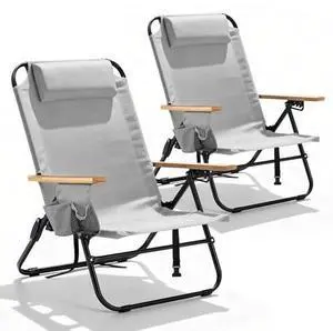 2 Pack Premium 5-Position Reclining Camping Chair - Portable Folding Lightweight Outdoor Chair with Wooden Armrests, Headrest & Pockets, 350lbs Heavy Duty for Beach, Patio, Light Grey 2 Pack Premium 5-Position Reclining Camping Chair - Portable Folding Lightweight Outdoor Chair with Wooden Armrests, Headrest & Pockets, 350lbs Heavy Duty for Beach, Patio, Light Grey