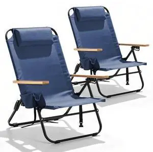 2 Pack Premium 5-Position Reclining Camping Chair - Portable Folding Lightweight Outdoor Chair with Wooden Armrests, Headrest & Pockets, 350lbs Heavy Duty for Beach, Patio, Backyard, Navy Blue 2 Pack Premium 5-Position Reclining Camping Chair - Portable Folding Lightweight Outdoor Chair with Wooden Armrests, Headrest & Pockets, 350lbs Heavy Duty for Beach, Patio, Backyard, Navy Blue