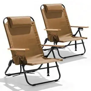 2 Pack Premium 5-Position Reclining Camping Chair - Portable Folding Lightweight Outdoor Chair with Wooden Armrests, Headrest & Pockets, 350lbs Heavy Duty for Beach, Patio, Backyard, Brown 2 Pack Premium 5-Position Reclining Camping Chair - Portable Folding Lightweight Outdoor Chair with Wooden Armrests, Headrest & Pockets, 350lbs Heavy Duty for Beach, Patio, Backyard, Brown