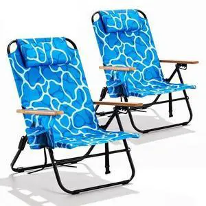 2 Pack Premium 5-Position Reclining Camping Chair Portable Folding Lightweight Outdoor Chair with Wooden Armrests, Headrest & Pockets, 350lbs Heavy Duty for Beach, Patio, Ocean Wave Blue 2 Pack Premium 5-Position Reclining Camping Chair Portable Folding Lightweight Outdoor Chair with Wooden Armrests, Headrest & Pockets, 350lbs Heavy Duty for Beach, Patio, Ocean Wave Blue