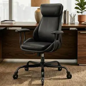 E-Motie Office Chair, Leather Desk Chair with Rubber Wheels, Ergonomic Computer Chair 500 LBS with Lumbar Support, High Back Executive Chair for Modern Home Office, Black E-Motie Office Chair, Leather Desk Chair with Rubber Wheels, Ergonomic Computer Chair 500 LBS with Lumbar Support, High Back Executive Chair for Modern Home Office, Black