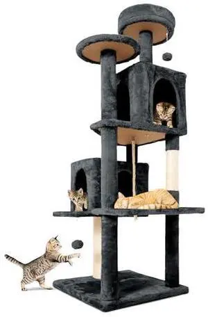 58.5inch Large Cat Tree Tower Condo for Indoor Cats, Soft Plush Multi-Level Climbing Tree Cat House with 1 360° Rotating Cat Cave, Scratching Post, More Entrance/Exit, Sisal Rope, Grey Black 58.5inch Large Cat Tree Tower Condo for Indoor Cats, Soft Plush Multi-Level Climbing Tree Cat House with 1 360° Rotating Cat Cave, Scratching Post, More Entrance/Exit, Sisal Rope, Grey Black