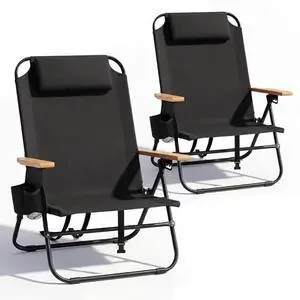 Cansky 2PCS Portable Beach Chair for Adults, Outdoor Lightweight Camping Chair with Wooden Desgin Armrests, 5-Position Reclining Flat Lay, Cup Holder, Zipper Pouch, Backpack, No Towel Rack, Black Cansky 2PCS Portable Beach Chair for Adults, Outdoor Lightweight Camping Chair with Wooden Desgin Armrests, 5-Position Reclining Flat Lay, Cup Holder, Zipper Pouch, Backpack, No Towel Rack, Black