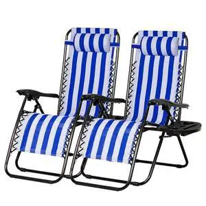 Nazhura Set of 2 Relaxing Recliners Patio Chairs Adjustable Steel Mesh Zero Gravity Lounge Chair Beach Chairs with Pillow and Cup Holder (Navy Blue Stripe) Nazhura Set of 2 Relaxing Recliners Patio Chairs Adjustable Steel Mesh Zero Gravity Lounge Chair Beach Chairs with Pillow and Cup Holder (Navy Blue Stripe)