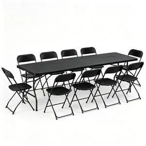8 FT Black Plastic Folding Table Chairs Set, Portable Foldable Table with 10 Black Folding Chairs for Picnic, Event, Game, Camping, Dining, at Home and Commercial Use 8 FT Black Plastic Folding Table Chairs Set, Portable Foldable Table with 10 Black Folding Chairs for Picnic, Event, Game, Camping, Dining, at Home and Commercial Use