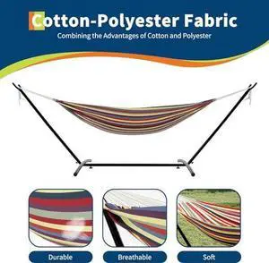 TrailBlaze Double Person Heavy Duty Hammock with Space-Saving Steel Stand, 450lb Capacity, Portable Carrying Case, Premium Balance Beams, Indoor/Outdoor Use - Yellow Rainbow Stripes TrailBlaze Double Person Heavy Duty Hammock with Space-Saving Steel Stand, 450lb Capacity, Portable Carrying Case, Premium Balance Beams, Indoor/Outdoor Use - Yellow Rainbow Stripes
