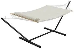 Double Hammock with Stand - 2 Person Heavy Duty 350 Lbs Capacity, Portable Rope Hammock for Outdoor/Indoor Use, Includes Comfort Pad & Pillow, Easy Assembly, Beige Double Hammock with Stand - 2 Person Heavy Duty 350 Lbs Capacity, Portable Rope Hammock for Outdoor/Indoor Use, Includes Comfort Pad & Pillow, Easy Assembly, Beige