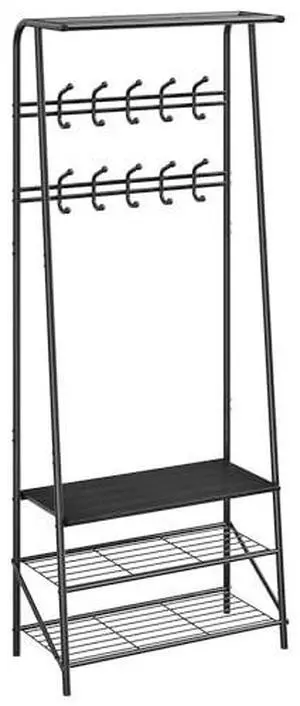 TrailBlaze Entryway Hall Tree 60cm Wide Double Row Hook Coat Rack with Shoe Bench, Metal Frame Wood Accent - Black TrailBlaze Entryway Hall Tree 60cm Wide Double Row Hook Coat Rack with Shoe Bench, Metal Frame Wood Accent - Black