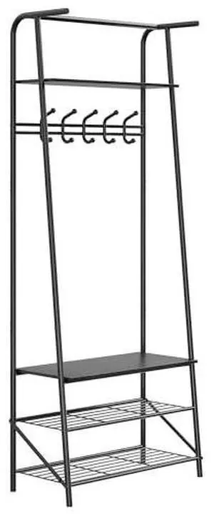 TrailBlaze Entryway Hall Tree 60cm Wide Single Row Hook Coat Rack with Shoe Bench, Metal Frame Wood Accent - Black TrailBlaze Entryway Hall Tree 60cm Wide Single Row Hook Coat Rack with Shoe Bench, Metal Frame Wood Accent - Black