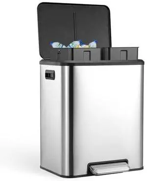 TrailBlaze Trash Can, 2 x 4 Gal (2 x 15L) Stainless Steel Double Trash Can with Recycling Bin, Soft-Close Lid, Step-on Garbage Bin, Silver (with Removable Plastic Inner Buckets) TrailBlaze Trash Can, 2 x 4 Gal (2 x 15L) Stainless Steel Double Trash Can with Recycling Bin, Soft-Close Lid, Step-on Garbage Bin, Silver (with Removable Plastic Inner Buckets)