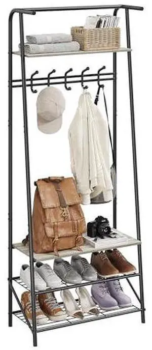 TrailBlaze Entryway Hall Tree 60cm Wide Single Row Hook Coat Rack with Shoe Bench, Metal Frame Wood Accent - Gray TrailBlaze Entryway Hall Tree 60cm Wide Single Row Hook Coat Rack with Shoe Bench, Metal Frame Wood Accent - Gray