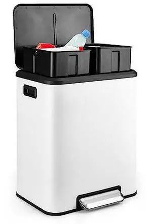TrailBlaze Trash Can, 2 x 4 Gal (2 x 15L) Stainless Steel Double Trash Can with Recycling Bin, Soft-Close Lid, Step-on Garbage Bin, White (with Removable Plastic Inner Buckets) TrailBlaze Trash Can, 2 x 4 Gal (2 x 15L) Stainless Steel Double Trash Can with Recycling Bin, Soft-Close Lid, Step-on Garbage Bin, White (with Removable Plastic Inner Buckets)