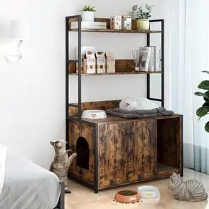 Cat Litter Box Enclosure with 2 Storage Shelves, 52 Inch Hidden Litter Box Furniture, Stylish Cat Cabinet for Home, Brown Cat Litter Box Enclosure with 2 Storage Shelves, 52 Inch Hidden Litter Box Furniture, Stylish Cat Cabinet for Home, Brown