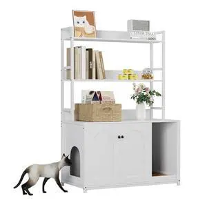 52'' Large Litter Box Enclosure with 2 Storage Shelves and Door, 2-in-1 Hidden Cat Litter Box Enclosure Furniture with Shelf and Scratch Pad, Fit Most of Litter Box, White 52'' Large Litter Box Enclosure with 2 Storage Shelves and Door, 2-in-1 Hidden Cat Litter Box Enclosure Furniture with Shelf and Scratch Pad, Fit Most of Litter Box, White
