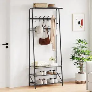 TrailBlaze Coat Rack, Hall Tree Shoe Rack with 5 Hooks for Entryway, Coat Tree with Storage Shelf, Entryway Furniture, Multifunctional Hallway Organizer TrailBlaze Coat Rack, Hall Tree Shoe Rack with 5 Hooks for Entryway, Coat Tree with Storage Shelf, Entryway Furniture, Multifunctional Hallway Organizer