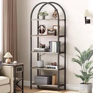 TrailBlaze Modern 5-Tier Arched Bookcase Tall Metal & Wood Bookshelf Vertical Display Storage Rack Large Standing Shelf for Bedroom, Living Room, Office TrailBlaze Modern 5-Tier Arched Bookcase Tall Metal & Wood Bookshelf Vertical Display Storage Rack Large Standing Shelf for Bedroom, Living Room, Office