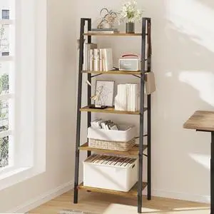 Hzuaneri Ladder Shelf, Bookshelf Bookcase, Freestanding Corner Storage Shelve with 2 Hooks for Home Office, Living Room, Kitchen, Bedroom, Industrial, 11.8" D x 23.6" W x 63" H, Rustic Brown BC19301B Hzuaneri Ladder Shelf, Bookshelf Bookcase, Freestanding Corner Storage Shelve with 2 Hooks for Home Office, Living Room, Kitchen, Bedroom, Industrial, 11.8" D x 23.6" W x 63" H, Rustic Brown BC19301B