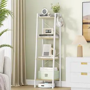 Hzuaneri Ladder Shelf, Bookshelf Bookcase, Freestanding Corner Storage Shelve with 2 Hooks for Home Office, Living Room, Kitchen, Bedroom, Industrial, 11.8" D x 13.4" W x 47.2" H, White Oak and White Hzuaneri Ladder Shelf, Bookshelf Bookcase, Freestanding Corner Storage Shelve with 2 Hooks for Home Office, Living Room, Kitchen, Bedroom, Industrial, 11.8" D x 13.4" W x 47.2" H, White Oak and White