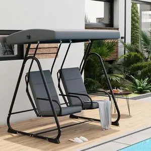TrailBlaze 2 Person Porch Swing Chair, Outdoor Patio Swing Glider with Adjustable Canopy & Removable Cushions, Heavy Duty Independent Swing Chairs for Garden, Balcony, Poolside, Backyard, Dark Grey TrailBlaze 2 Person Porch Swing Chair, Outdoor Patio Swing Glider with Adjustable Canopy & Removable Cushions, Heavy Duty Independent Swing Chairs for Garden, Balcony, Poolside, Backyard, Dark Grey