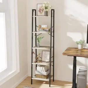 Hzuaneri Ladder Shelf, Bookshelf Bookcase, Freestanding Corner Storage Shelve with 2 Hooks for Home Office, Living Room, Kitchen, Bedroom, Industrial, 11.8" D x 17.3" W x 63" H, Greige BC19205B Hzuaneri Ladder Shelf, Bookshelf Bookcase, Freestanding Corner Storage Shelve with 2 Hooks for Home Office, Living Room, Kitchen, Bedroom, Industrial, 11.8" D x 17.3" W x 63" H, Greige BC19205B