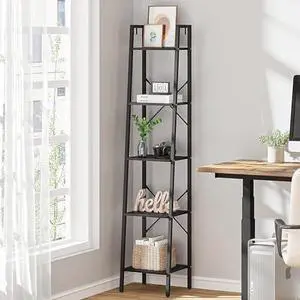 Hzuaneri Ladder Shelf, Bookshelf Bookcase, Freestanding Corner Storage Shelve with 2 Hooks for Home Office, Living Room, Kitchen, Bedroom, Industrial, 11.8" D x 13.4" W x 63" H, Black BC03204B Hzuaneri Ladder Shelf, Bookshelf Bookcase, Freestanding Corner Storage Shelve with 2 Hooks for Home Office, Living Room, Kitchen, Bedroom, Industrial, 11.8" D x 13.4" W x 63" H, Black BC03204B