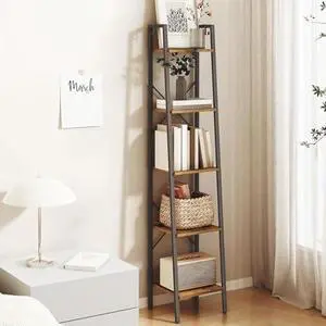 Hzuaneri Ladder Shelf, Bookshelf Bookcase, Freestanding Corner Storage Shelve with 2 Hooks for Home Office, Living Room, Kitchen, Bedroom, Industrial, 11.8" D x 13.4" W x 63" H, Rustic Brown BC03201B Hzuaneri Ladder Shelf, Bookshelf Bookcase, Freestanding Corner Storage Shelve with 2 Hooks for Home Office, Living Room, Kitchen, Bedroom, Industrial, 11.8" D x 13.4" W x 63" H, Rustic Brown BC03201B