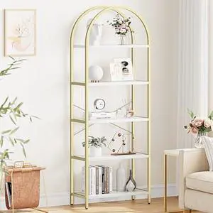 TrailBlaze Modern 5-Tier Arched Bookcase Tall Bookshelf with Gold Metal Frame Vertical Storage Display Shelf for Bedroom, Living Room, Office, Kitchen TrailBlaze Modern 5-Tier Arched Bookcase Tall Bookshelf with Gold Metal Frame Vertical Storage Display Shelf for Bedroom, Living Room, Office, Kitchen
