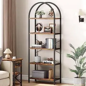 TrailBlaze Modern 5-Tier Arched Bookcase Tall Metal & Wood Display Shelf Large Vertical Storage Rack for Bedroom, Living Room, Office TrailBlaze Modern 5-Tier Arched Bookcase Tall Metal & Wood Display Shelf Large Vertical Storage Rack for Bedroom, Living Room, Office