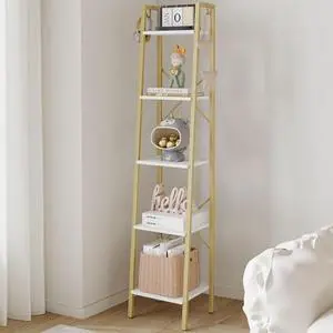 Hzuaneri Ladder Shelf, Bookshelf Bookcase, Freestanding Corner Storage Shelve with 2 Hooks for Home Office, Living Room, Kitchen, Bedroom, Industrial, 11.8" D x 13.4" W x 63" H, White Gold BC03213G Hzuaneri Ladder Shelf, Bookshelf Bookcase, Freestanding Corner Storage Shelve with 2 Hooks for Home Office, Living Room, Kitchen, Bedroom, Industrial, 11.8" D x 13.4" W x 63" H, White Gold BC03213G