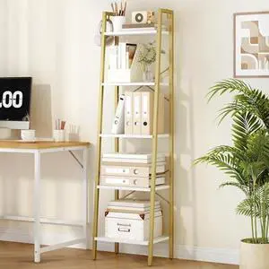 Hzuaneri Ladder Shelf, Bookshelf Bookcase, Freestanding Corner Storage Shelve with 2 Hooks for Home Office, Living Room, Kitchen, Bedroom, Industrial, 11.8" D x 17.3" W x 63" H, White Gold BC19213G Hzuaneri Ladder Shelf, Bookshelf Bookcase, Freestanding Corner Storage Shelve with 2 Hooks for Home Office, Living Room, Kitchen, Bedroom, Industrial, 11.8" D x 17.3" W x 63" H, White Gold BC19213G