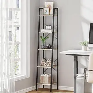 Hzuaneri Ladder Shelf, Bookshelf Bookcase, Freestanding Corner Storage Shelve with 2 Hooks for Home Office, Living Room, Kitchen, Bedroom, Industrial, 11.8" D x 13.4" W x 63" H, Greige BC03205B Hzuaneri Ladder Shelf, Bookshelf Bookcase, Freestanding Corner Storage Shelve with 2 Hooks for Home Office, Living Room, Kitchen, Bedroom, Industrial, 11.8" D x 13.4" W x 63" H, Greige BC03205B