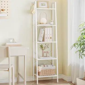 Hzuaneri Ladder Shelf, Bookshelf Bookcase, Freestanding Corner Storage Shelve with 2 Hooks for Home Office, Living Room, Kitchen, Bedroom, Industrial, 11.8" D x 17.3" W x 63" H, White BC19213W Hzuaneri Ladder Shelf, Bookshelf Bookcase, Freestanding Corner Storage Shelve with 2 Hooks for Home Office, Living Room, Kitchen, Bedroom, Industrial, 11.8" D x 17.3" W x 63" H, White BC19213W