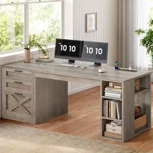 SEDETA 55.1" Executive Computer Desk with 3 Drawers, Farmhouse Office Desk with File Drawer & Storage Shelves, Executive Desk with Power Outlet for Home Office, Grey SEDETA 55.1" Executive Computer Desk with 3 Drawers, Farmhouse Office Desk with File Drawer & Storage Shelves, Executive Desk with Power Outlet for Home Office, Grey